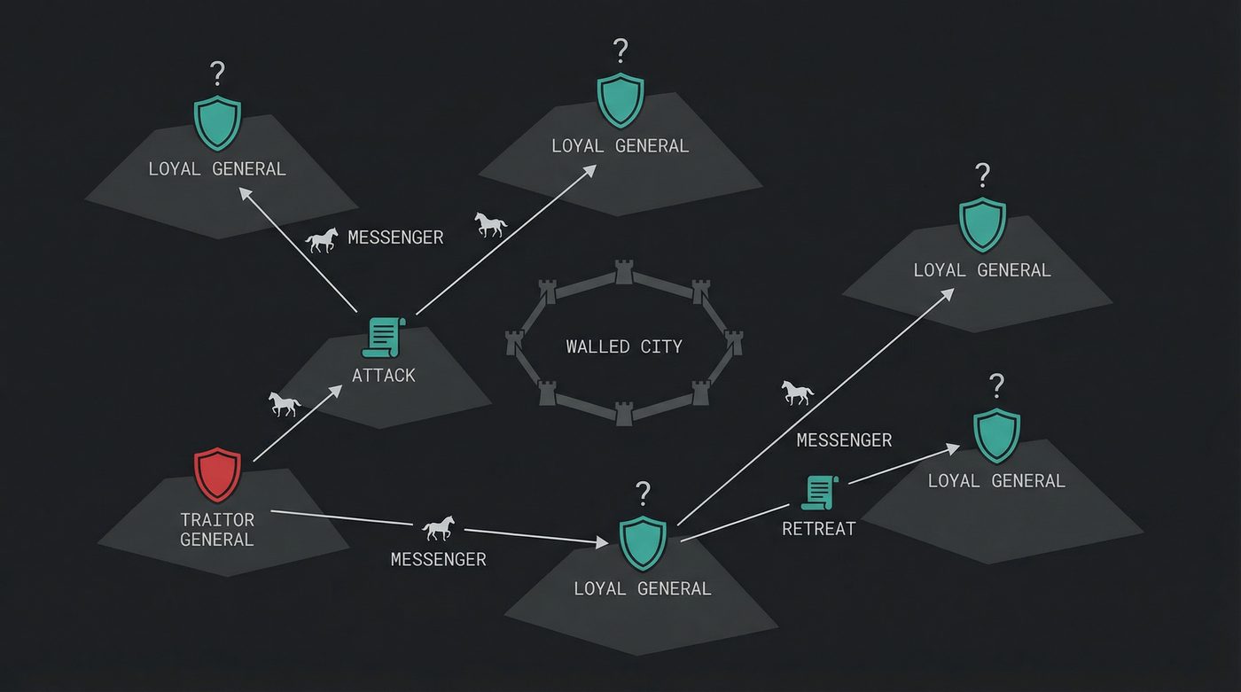 Five Byzantine generals surrounding a walled city — the traitor sends contradictory messages to different camps