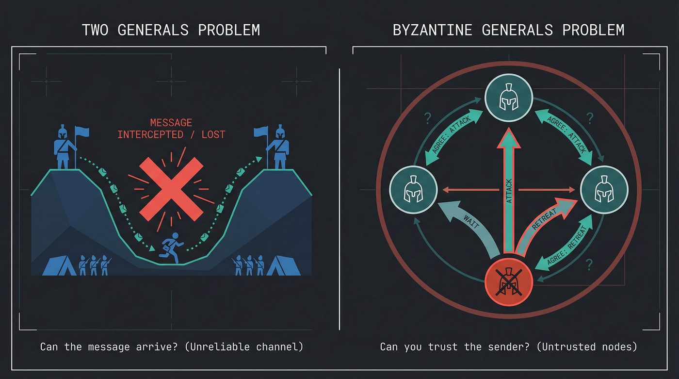 Two Generals vs Byzantine Generals: unreliable channels versus untrusted nodes
