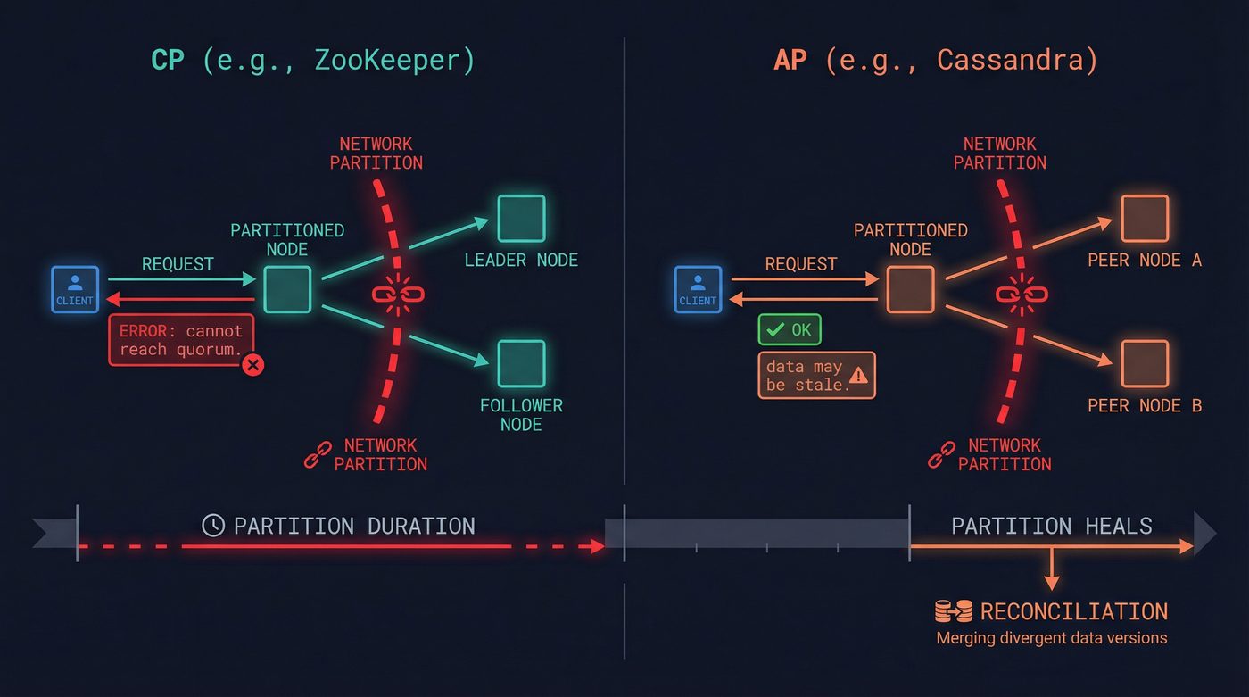 CP vs AP behavior during a partition — ZooKeeper refuses the request while Cassandra serves stale data and reconciles later