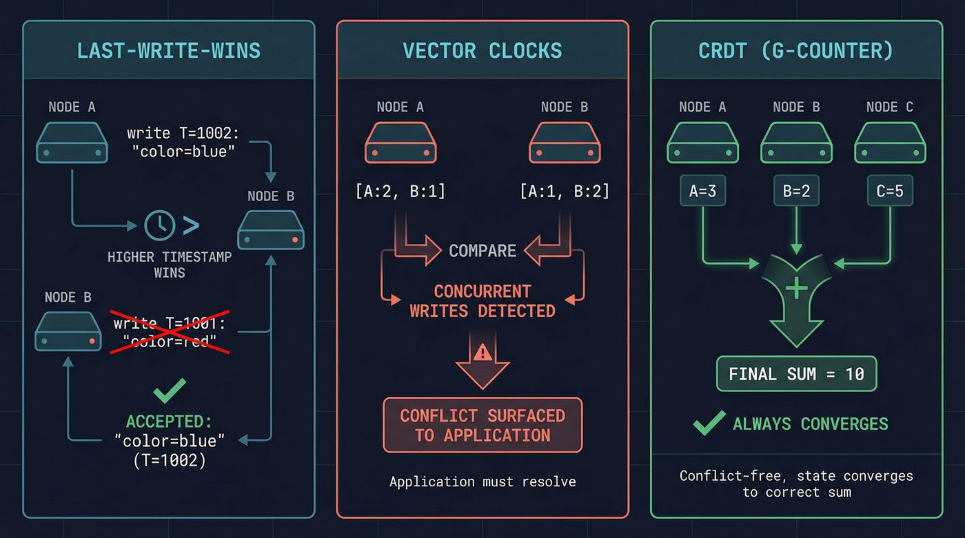 Conflict resolution strategies — last-write-wins, vector clocks, and CRDTs compared