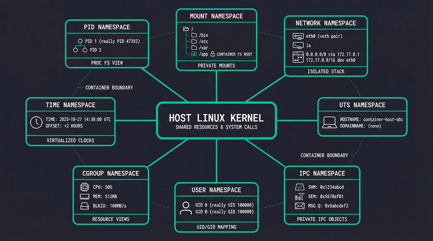 The eight Linux namespaces radiating from a shared host kernel