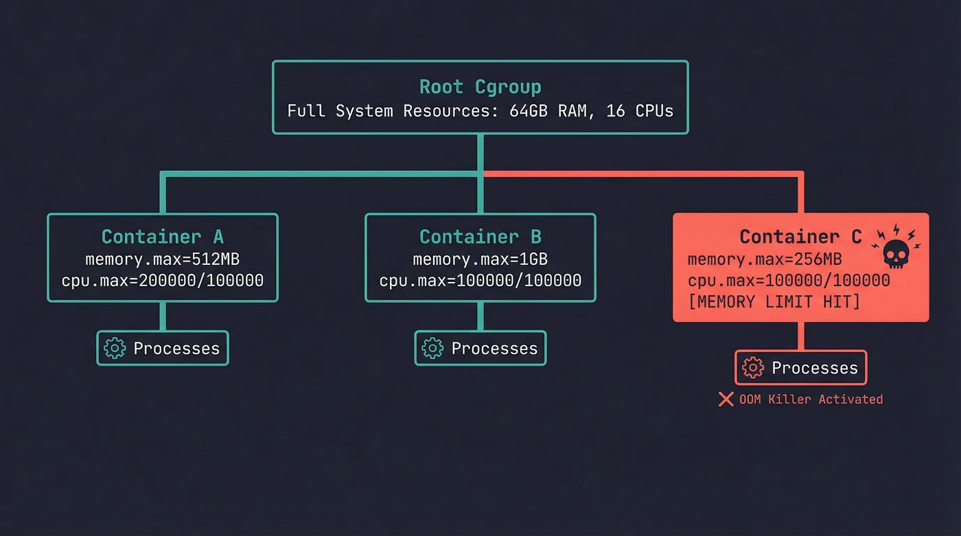 Cgroup hierarchy tree with one container hitting its memory limit and triggering the OOM killer
