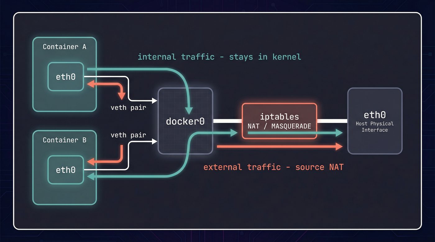 Container networking with veth pairs, docker0 bridge, and iptables NAT for external traffic