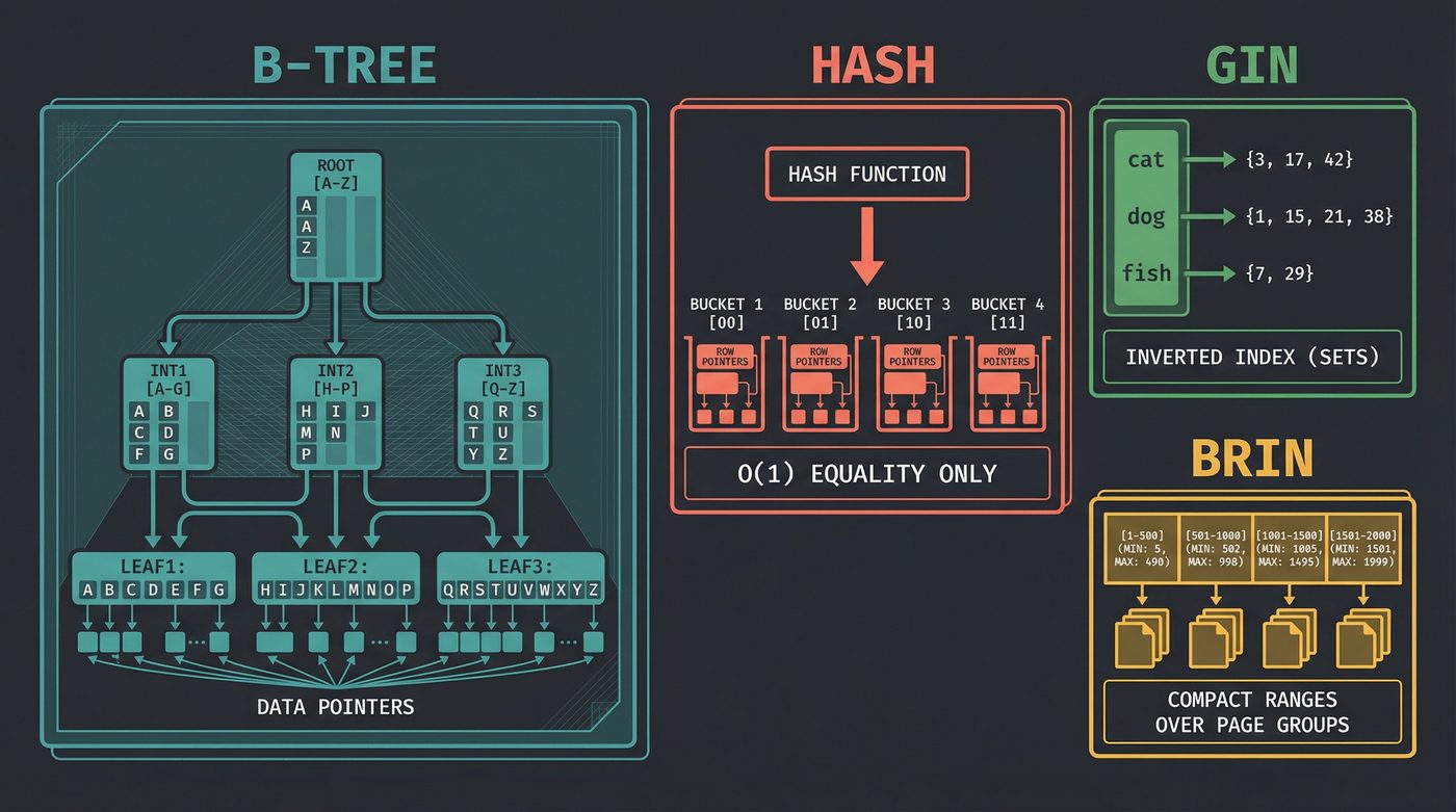 Comparison of four index types: B-tree, Hash, GIN, and BRIN