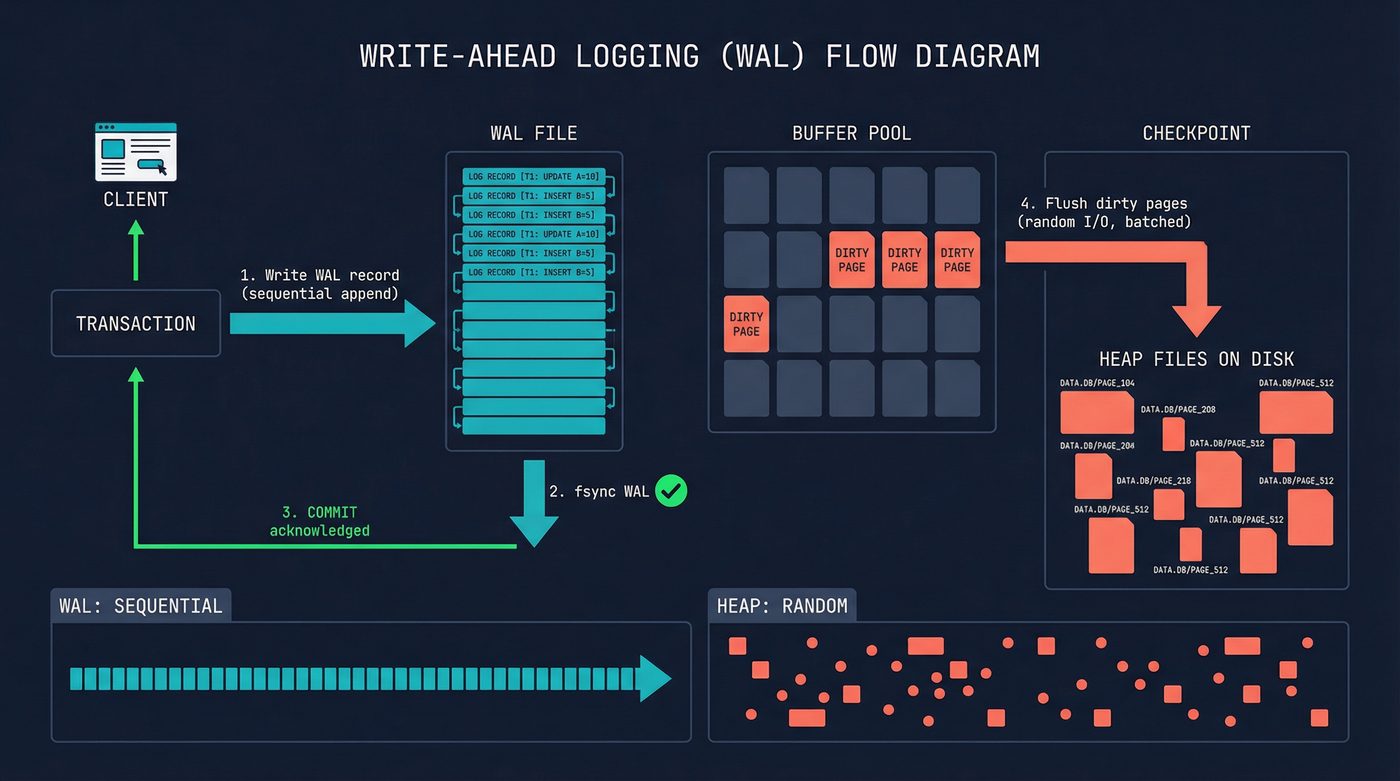 Write-ahead logging flow: sequential WAL writes then batched checkpoint flushes