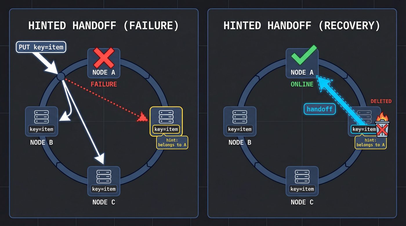 Hinted handoff: write redirected to substitute node during failure, then forwarded to recovered node