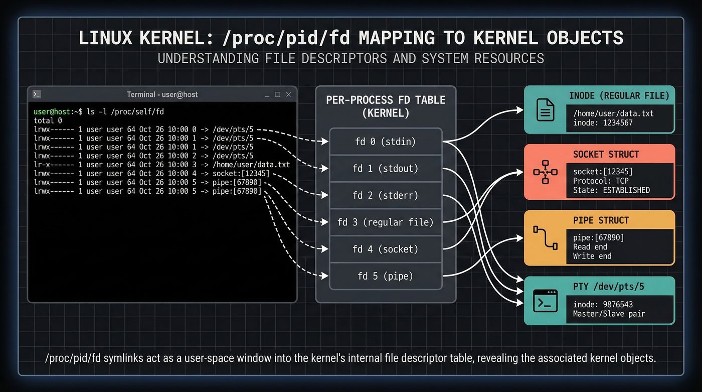 /proc/pid/fd — a window into the kernel's fd table