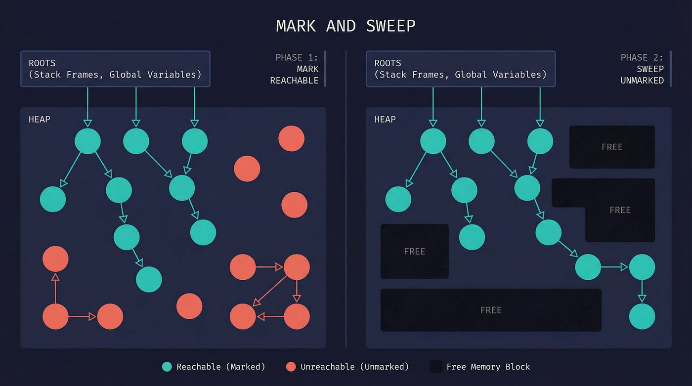Mark and sweep — mark reachable objects from roots, sweep everything else