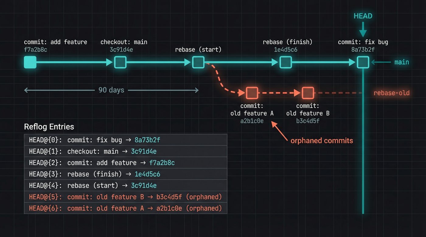 The reflog timeline: orphaned commits remain recoverable for 90 days