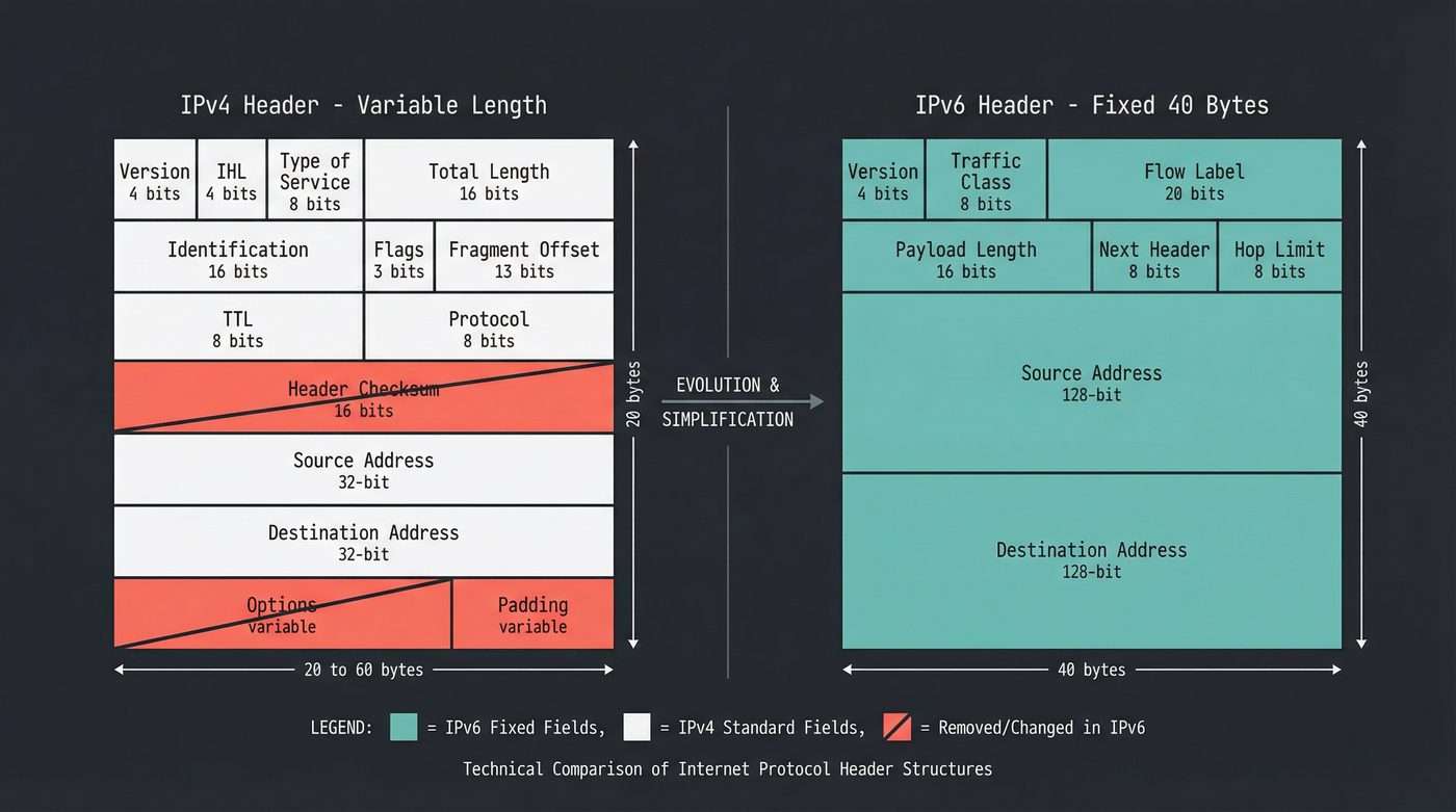 IPv4 vs IPv6 header comparison showing removed checksum and options fields