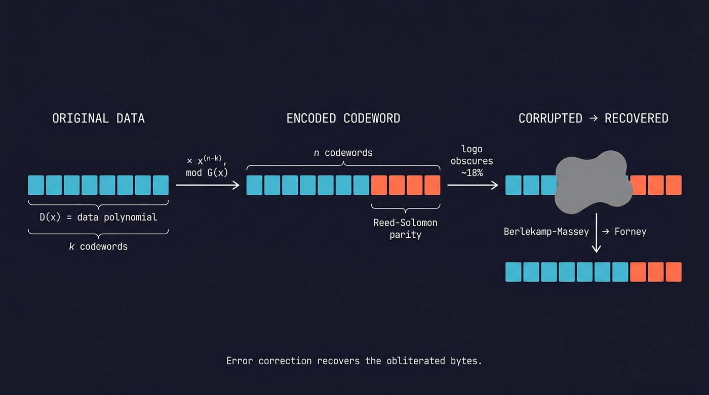 Reed-Solomon flow: data polynomial, generator division for parity, corruption, and recovery via Berlekamp-Massey and Forney.