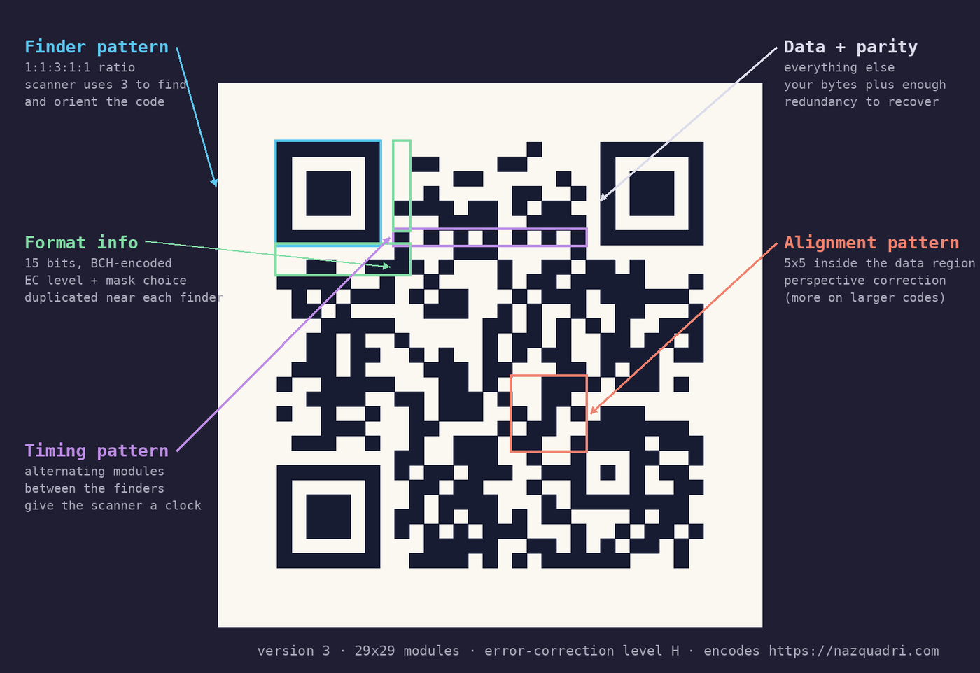 Anatomy of a real QR code (version 3, 29x29 modules, error-correction H, encoding nazquadri.com): finder pattern, alignment pattern, timing pattern, format information L-shape, and the data + parity region.