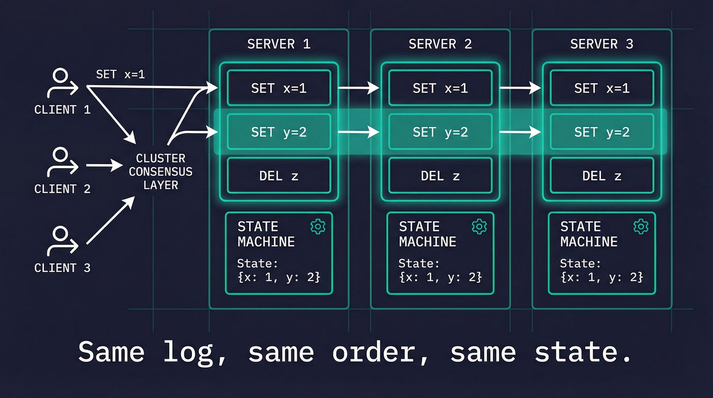 Replicated state machine architecture — same log, same order, same state