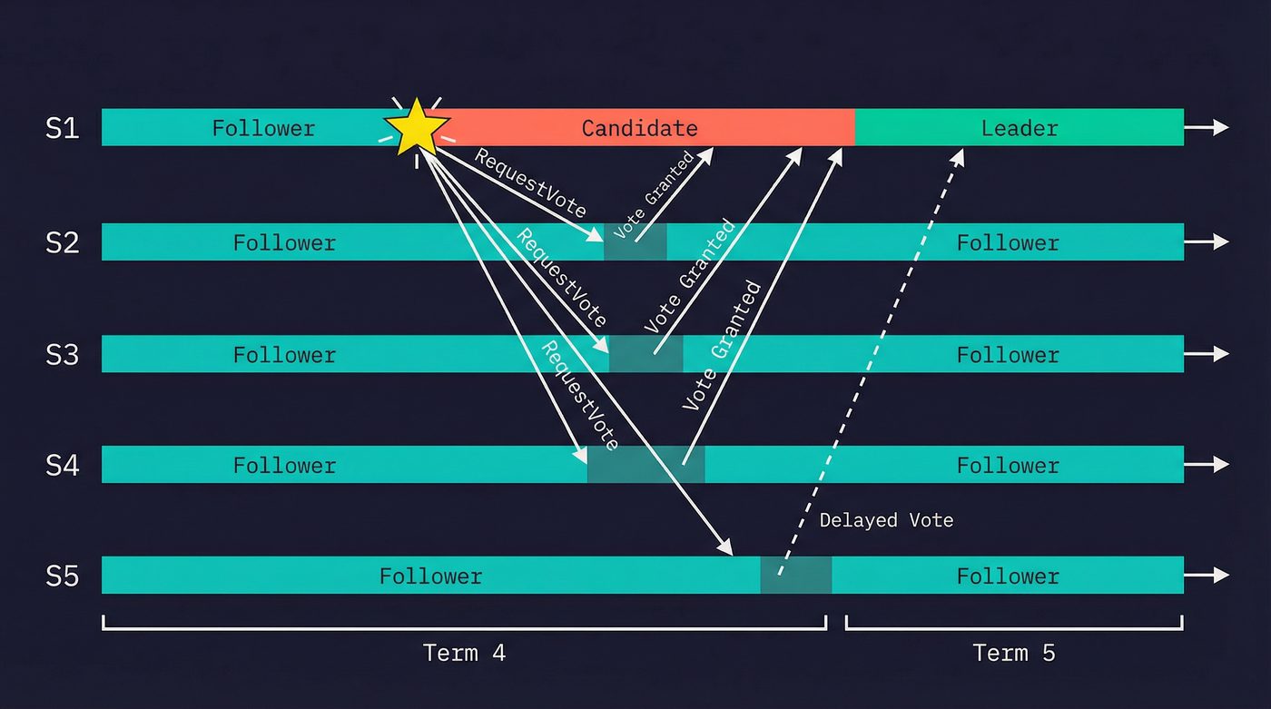 Leader election timeline — S1 wins the election in Term 5