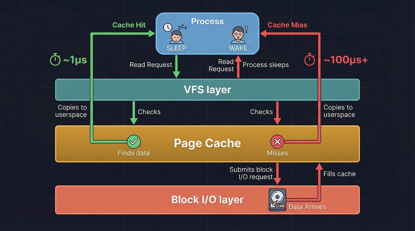 Page cache — cache hit vs cache miss