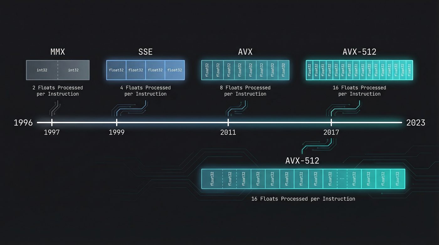 SIMD register width evolution — MMX to AVX-512