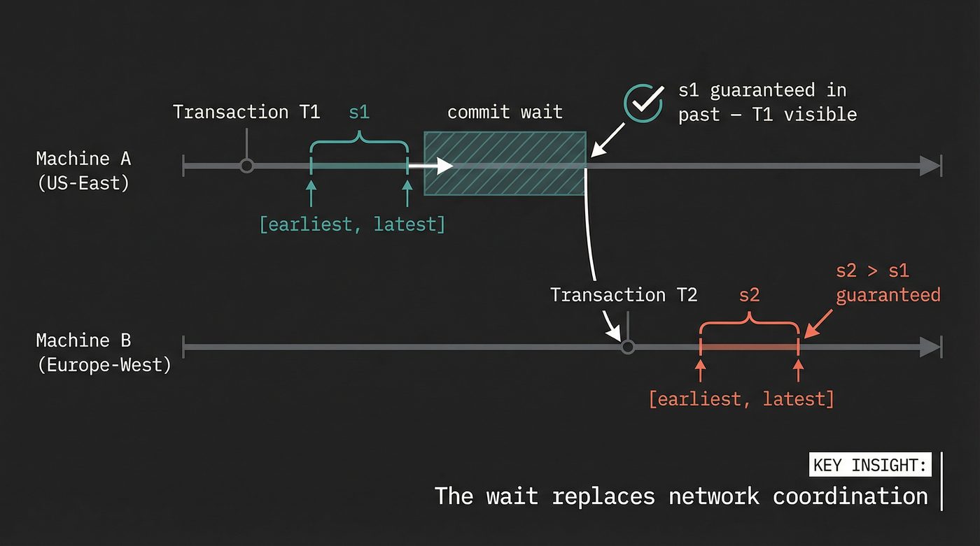 Commit wait: T1 waits out its uncertainty window, guaranteeing T2 gets a strictly later timestamp