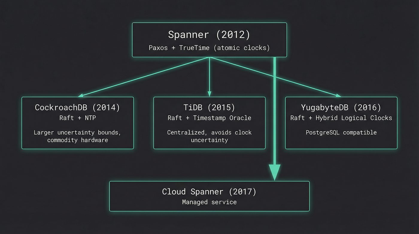 Spanner lineage: CockroachDB, TiDB, YugabyteDB, and Cloud Spanner