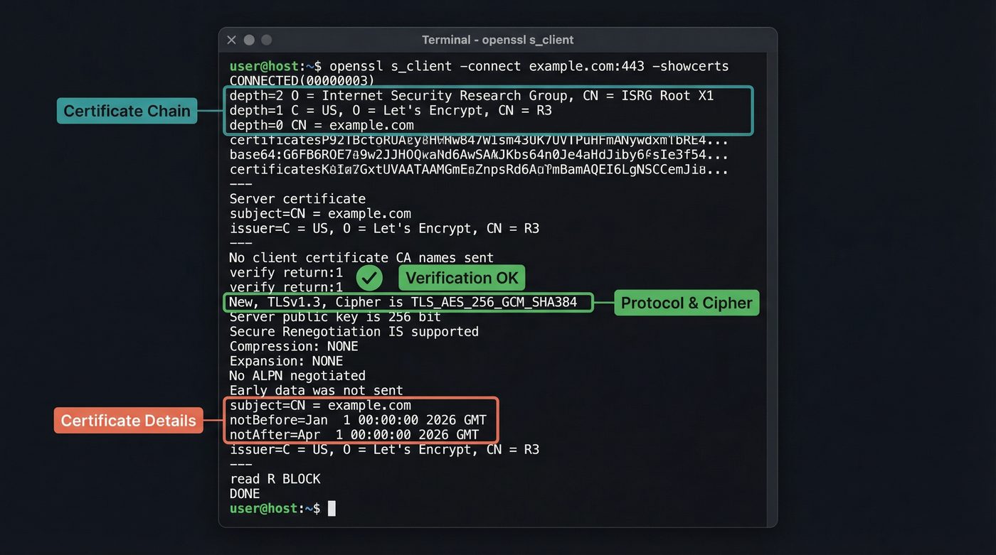 Annotated openssl s_client output showing certificate chain, protocol, verification status, and certificate details