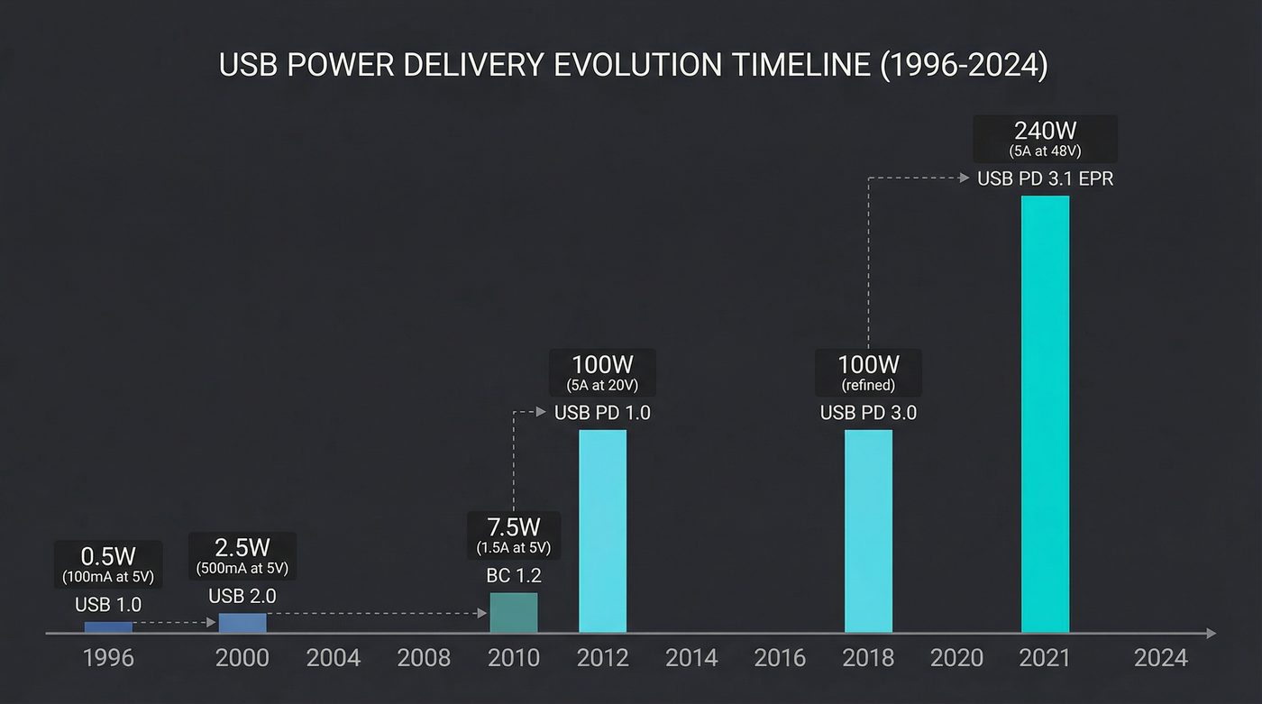 USB power delivery evolution — from 0.5W in 1996 to 240W in 2021