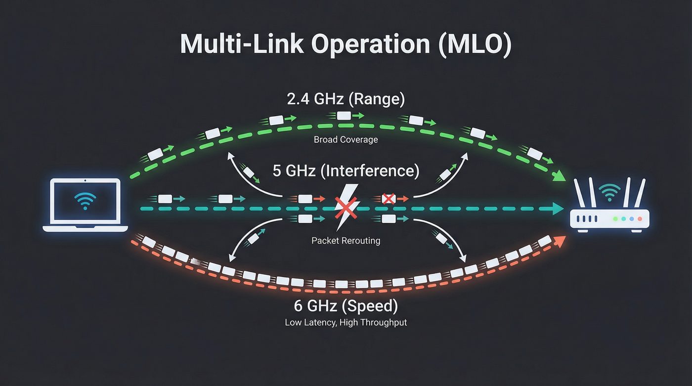 WiFi 7 Multi-Link Operation: simultaneous connections across 2.4, 5, and 6 GHz with automatic packet rerouting